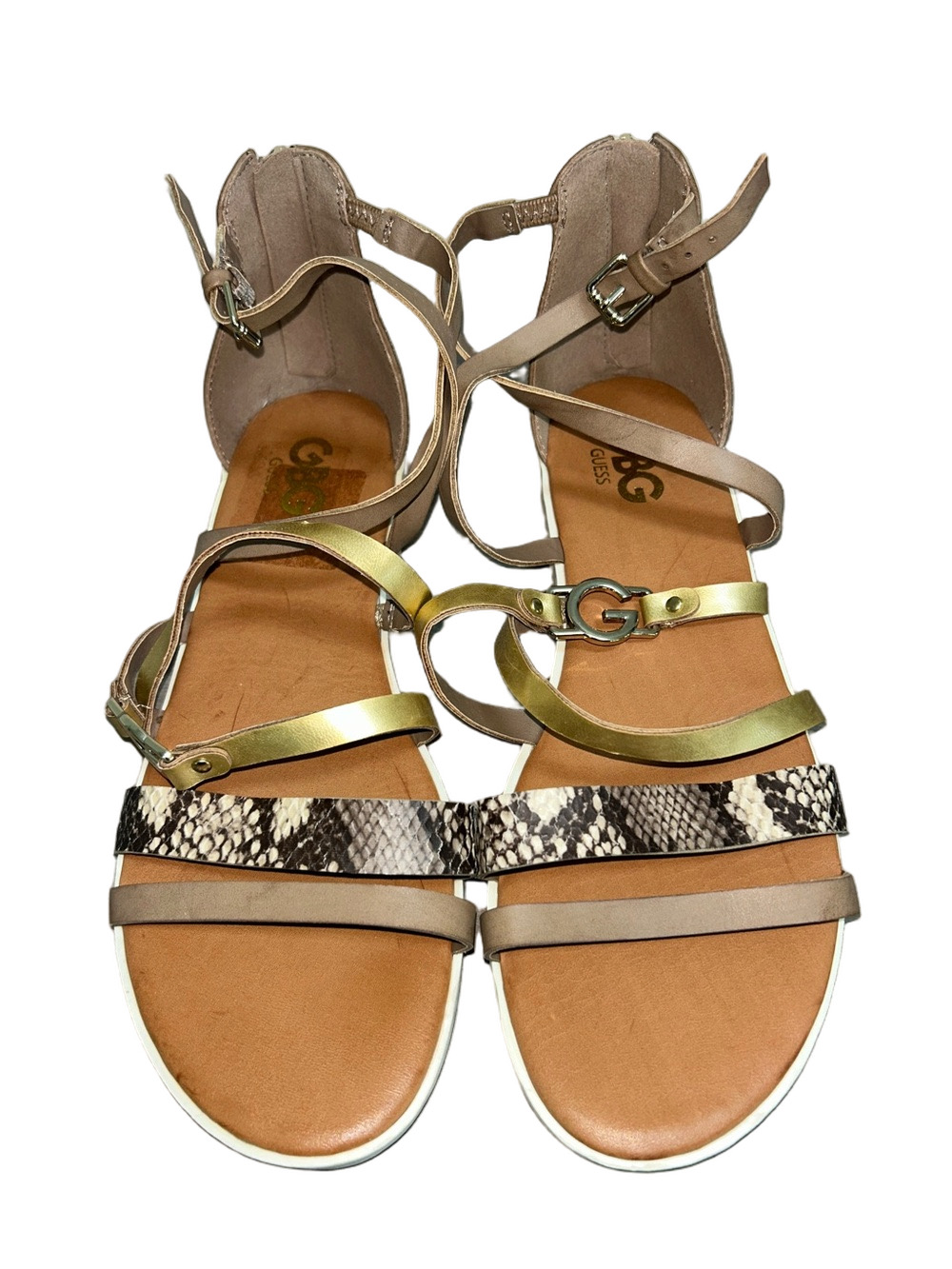 G by Guess Taupe, Gold & Snake-Print Strappy Flat Sandals: Size 8.5